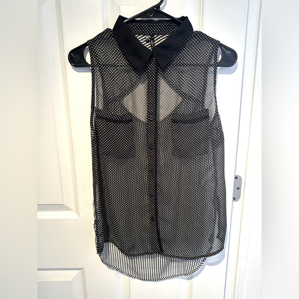 Maurices Black & White Sheer Sleeveless Button-Up with Polka Dots & Stripes